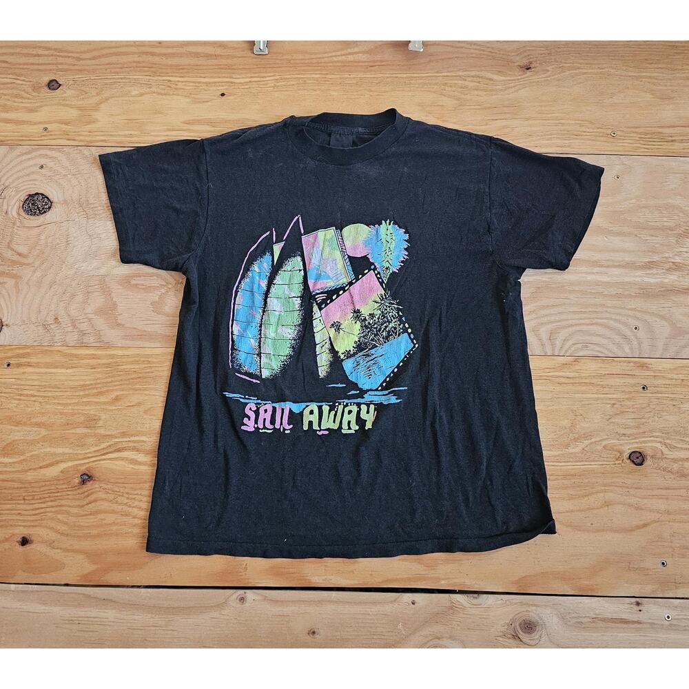 3D Emblem T-shirt, Sail Away Boat Beach Graphic Black Sz M 1980s